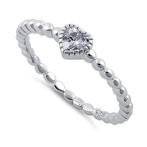 Ladies diamond cluster ring-Sterling Silver Beaded Clear Heart CZ Ring