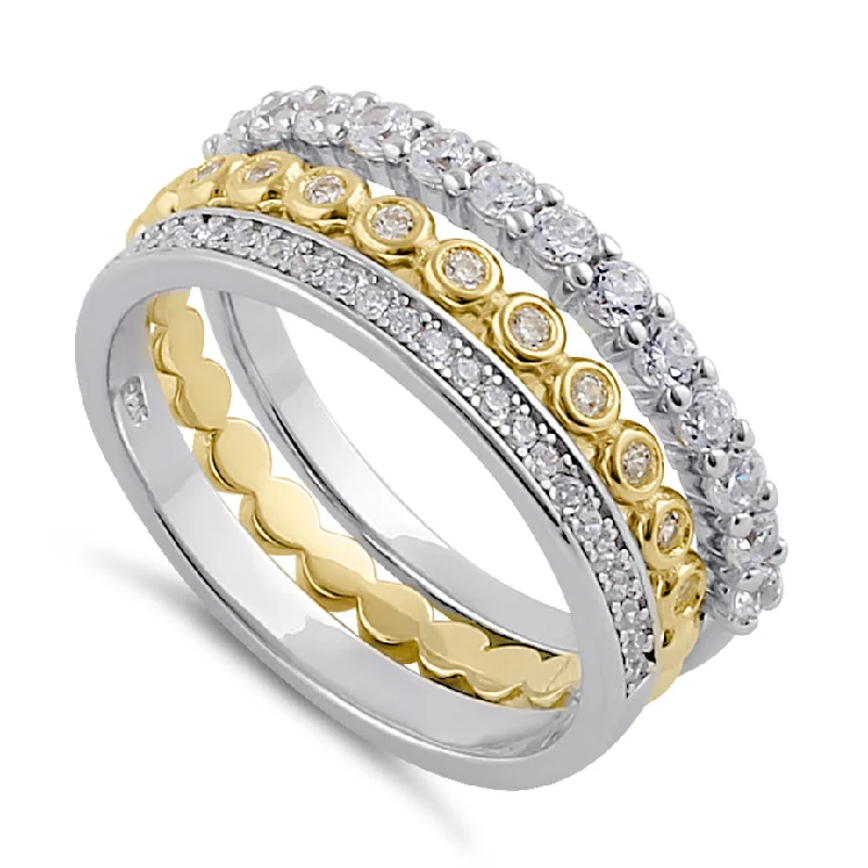 Ladies fancy engagement ring-Sterling Silver Triple Stack with Single Yellow Plated Clear CZ Rings