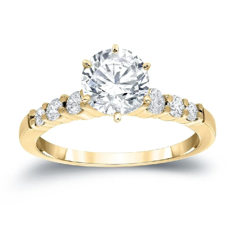 Ladies diamond solitaire engagement ring-Auriya Classic 1 carat Round Moissanite and 1/3ct Side Stone Diamond Engagement Ring 14K Gold