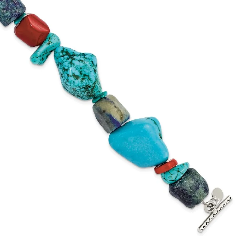 Ladies crystal bangle-925 Sterling Silver Red Coral/Howlite/Lapis/Turquoise Bracelet, 8"