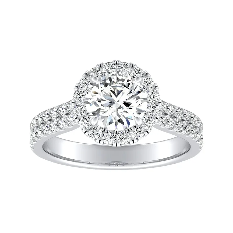 Ladies vintage-inspired engagement ring-Auriya 3/4ct Round Moissanite Halo Diamond Engagement Ring 1/2ctw 14k Gold