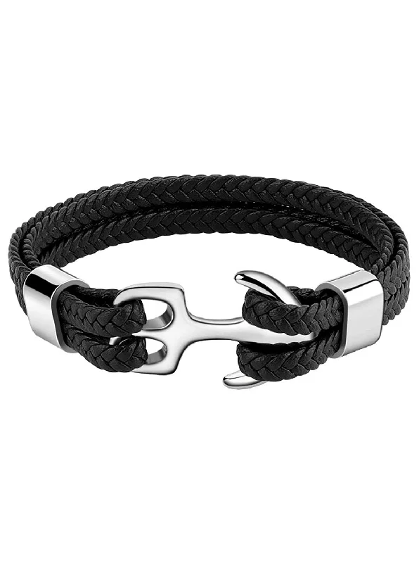 Ladies custom bangles-Silver Anchor Multi Starnd Black Leather Bracelet