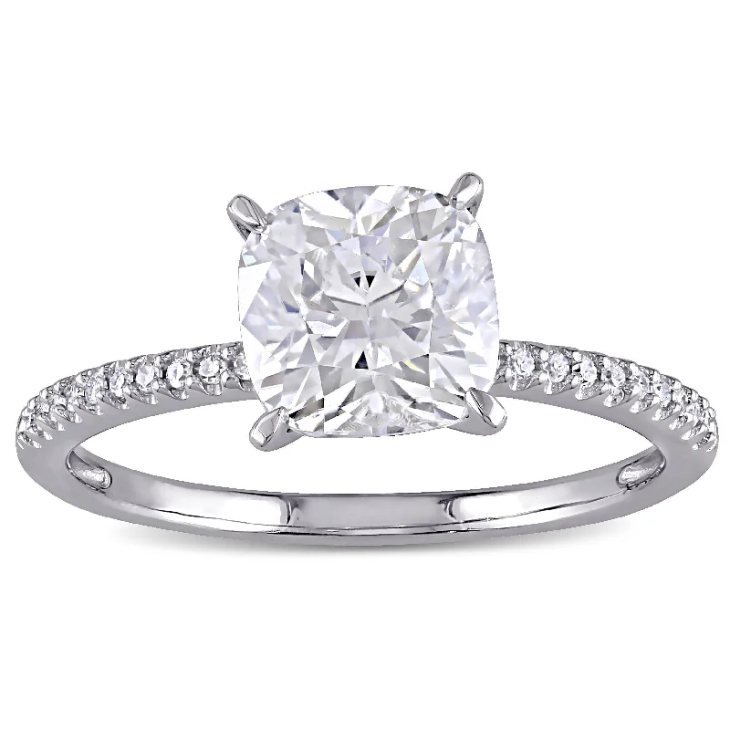 Ladies engagement ring with pink diamond-Miadora 2ct DEW Cushion-cut Moissanite and 1/10ct TDW Diamond Engagement Ring in 14k White Gold