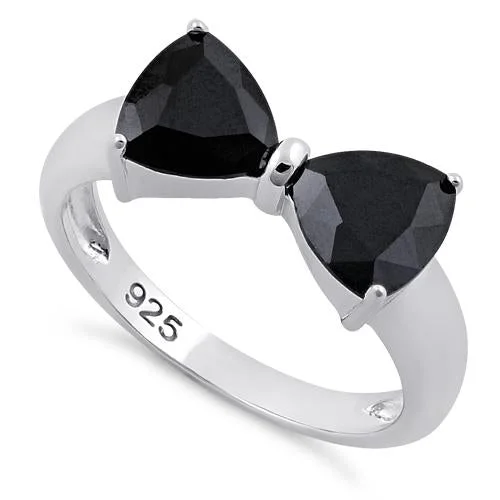 Ladies large gemstone ring-Sterling Silver Bow Trillion Cut Black CZ Ring