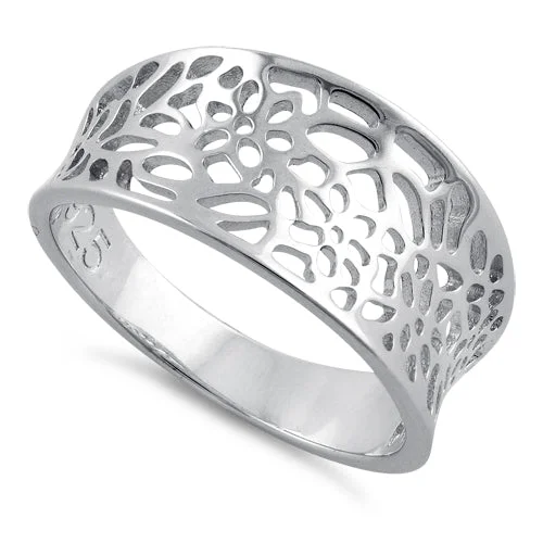 Ladies gold wedding band-Sterling Silver Flowers Ring