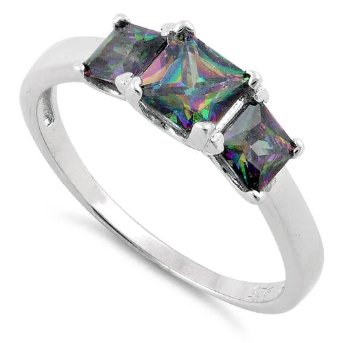 Ladies engagement ring with sapphire-Sterling Silver Triple Square Rainbow Topaz CZ Ring