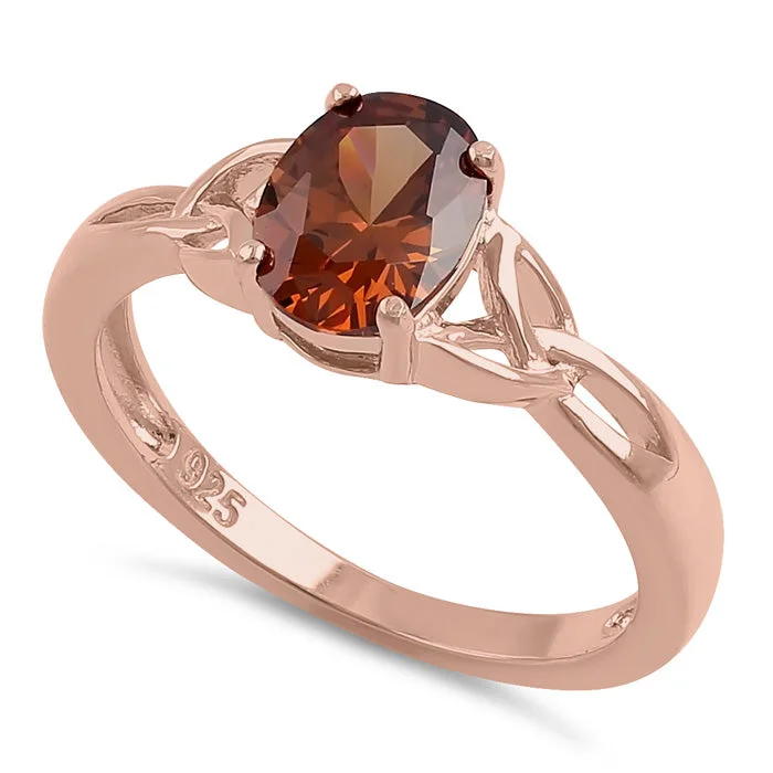 Ladies gemstone eternity ring-Sterling Silver Rose Gold Plated Charmed Oval Brown CZ Ring