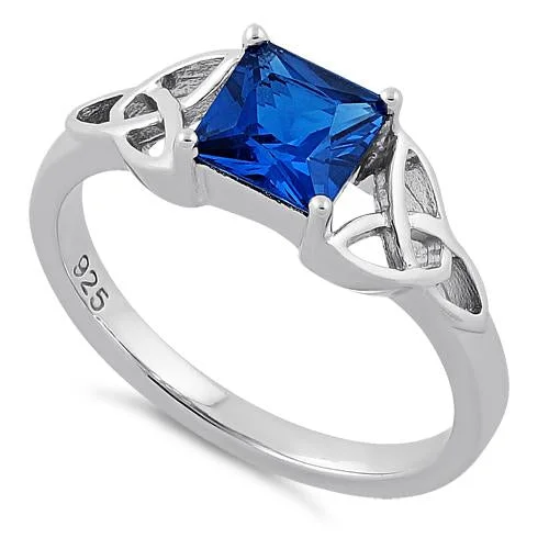 Ladies colorful gemstone ring-Sterling Silver Celtic Blue Spinel Princess Cut CZ Ring