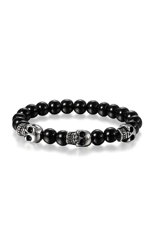 Ladies leather cuff bracelet-Black multi Skull Silver Bracelet