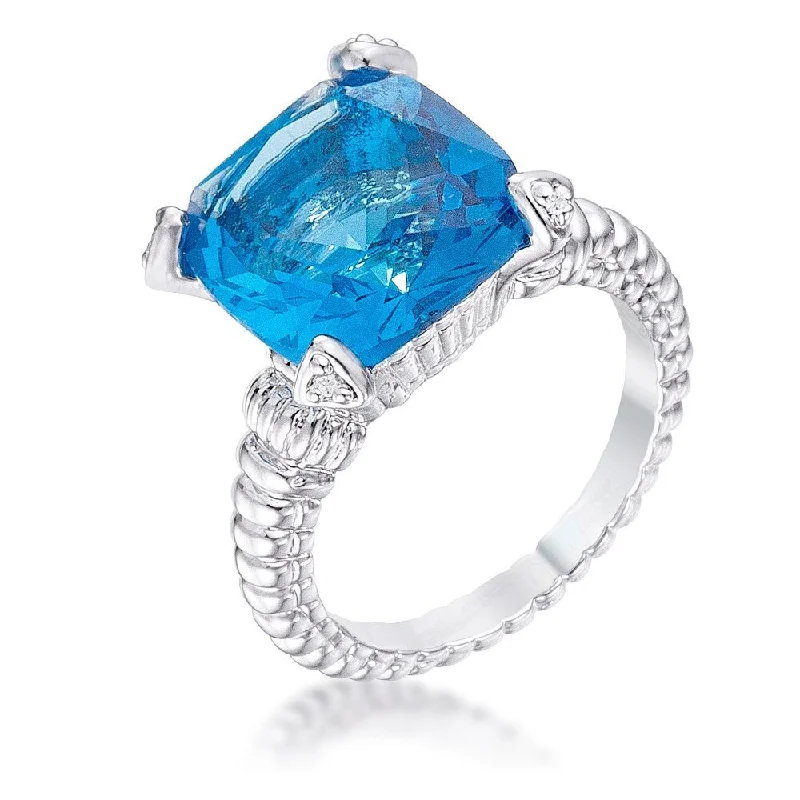 Ladies art deco engagement ring with diamonds-Aqua Cushion Engagement Ring With Rhodium Plated