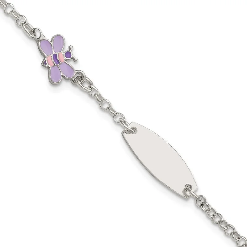 Ladies tennis bracelet-925 Sterling Silver Enameled Butterfly ID Bracelet, 5" w/1in Extender