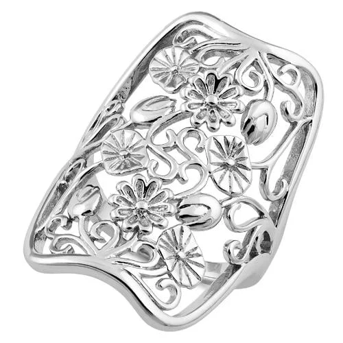 Ladies oval diamond ring-Sterling Silver Extravagant Flowers Ring