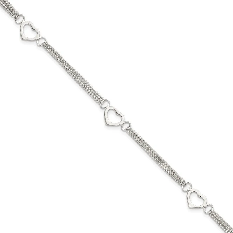 Ladies luxury bracelet-925 Sterling Silver Multi-strand Heart 7in Bracelet, 7" (W-15.3mm)