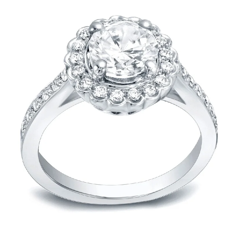 Ladies unique diamond engagement ring-Auriya Round 1ct Moissanite and 1/3ctw Halo Diamond Engagement Ring 14K Gold