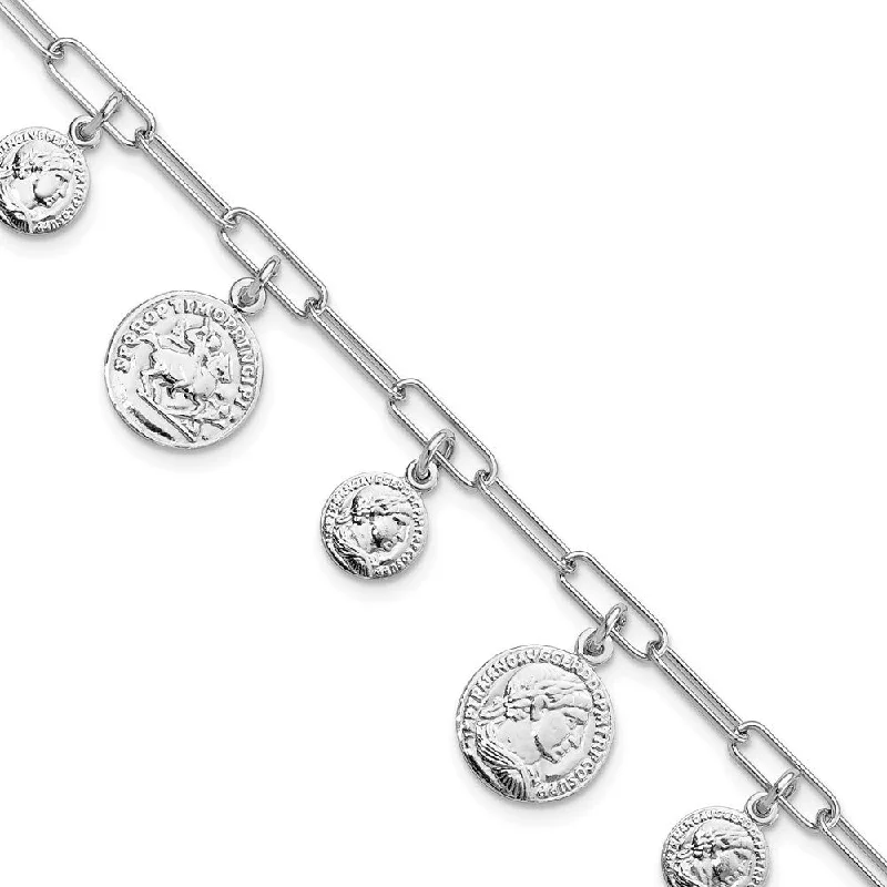 Ladies vintage bangle-925 Sterling Silver Rhodium-plated Coin Charm Bracelet, 6.75" w/1in Extender