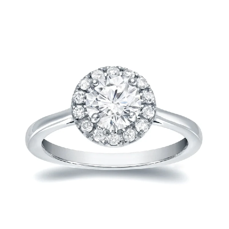 Ladies engagement ring with baguette diamonds-Auriya Round 3/4ct Moissanite and 1/5ctw Halo Diamond Engagement Ring 14K Gold