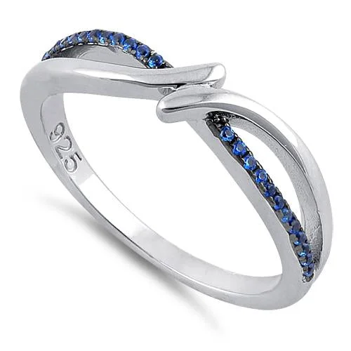 Ladies adjustable gemstone ring-Sterling Silver Double Curve Blue CZ Ring