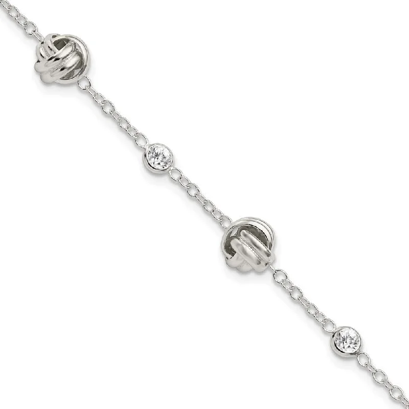 Ladies cuff bracelet-925 Sterling Silver Knotted Cubic Zirconia Bracelet, 7.25" w/1.25in Extender