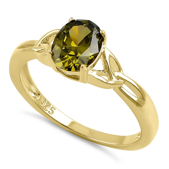 Ladies black gold ring-Sterling Silver Gold Plated Charmed Oval Peridot CZ Ring