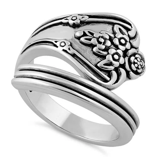 Ladies gold wedding band-Sterling Silver Flowers Spoon Ring