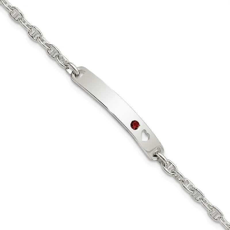 Ladies delicate bracelet-925 Sterling Silver ID with Red Cubic Zirconia Heart Bracelet, 7.5" (W-5mm)