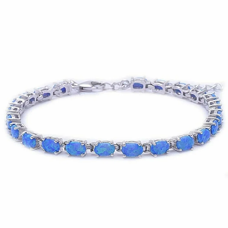 Ladies sterling silver bangle-Sterling Silver Blue Lab Opal Oval Tennis Bracelet