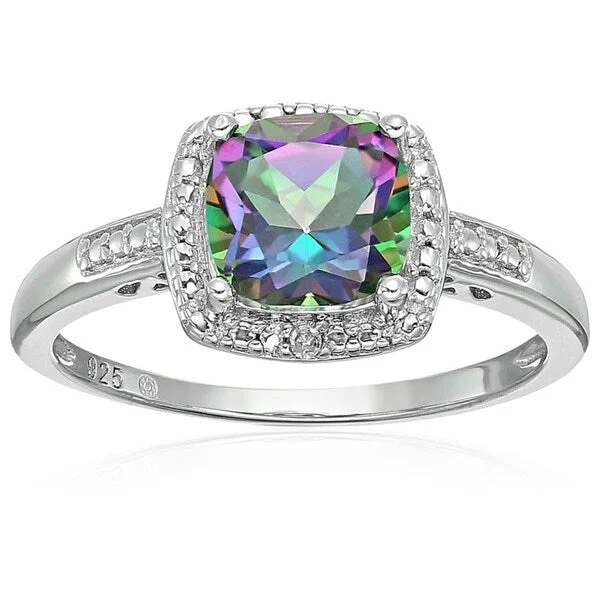 Ladies engagement ring with a twist-Ster Silver Mystic Topaz, Diamond Accent Halo Engagement Ring - Green