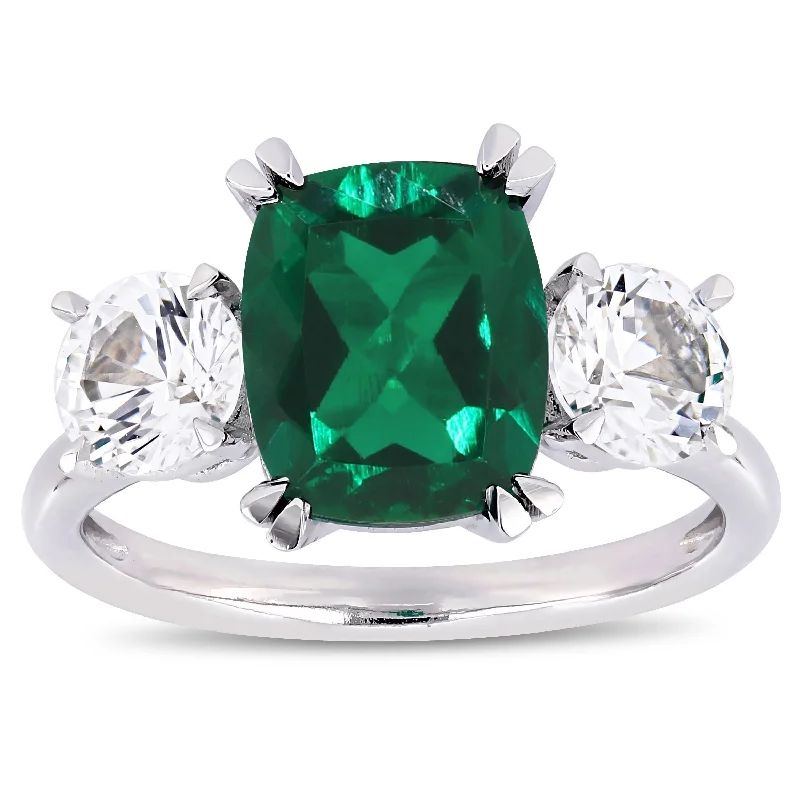 Ladies yellow diamond engagement ring-Miadora 10k White Gold Created Emerald and White Sapphire 3-Stone Engagement Ring