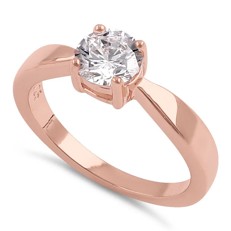 Ladies wedding anniversary ring-Sterling Silver 6mm Round Clear CZ Rose Gold Plated Ring