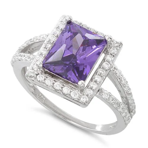 Ladies fancy engagement ring-Sterling Silver Amethyst Rectangular Halo CZ Ring