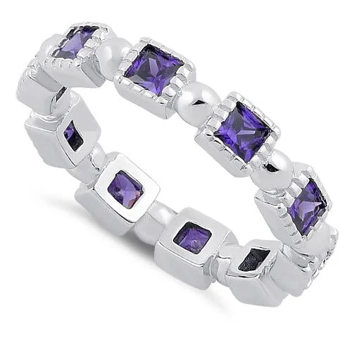 Ladies emerald-cut ring-Sterling Silver Princess Cut Amethyst Eternity CZ Ring