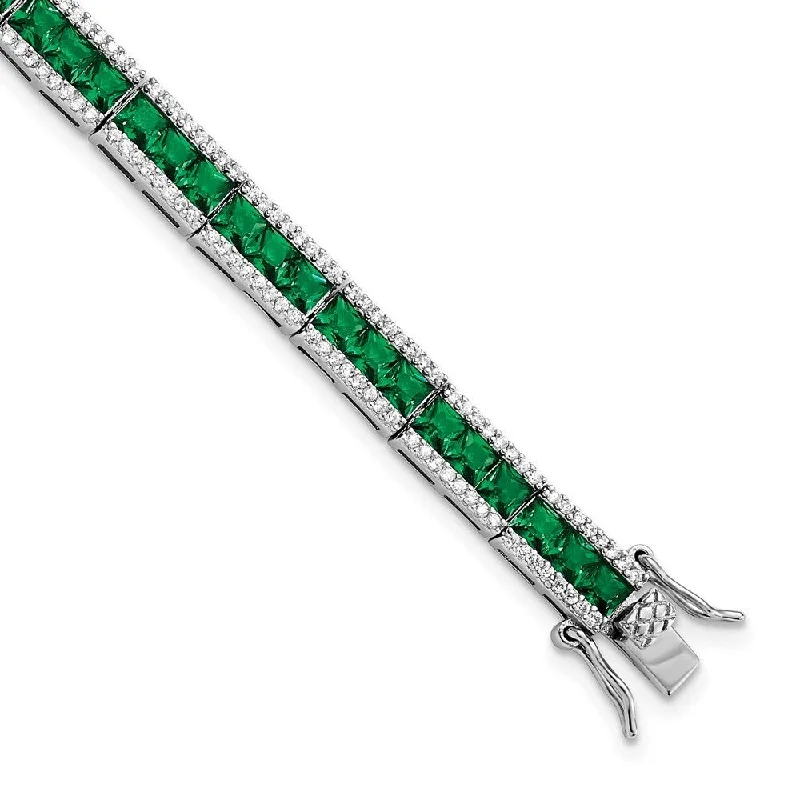 Ladies sterling silver bangle-925 Sterling Silver Cheryl M RH-plated Princess-cut Green Crystal Cubic Zirconia Bar Bracelet, 7.25" (W-5.6mm)