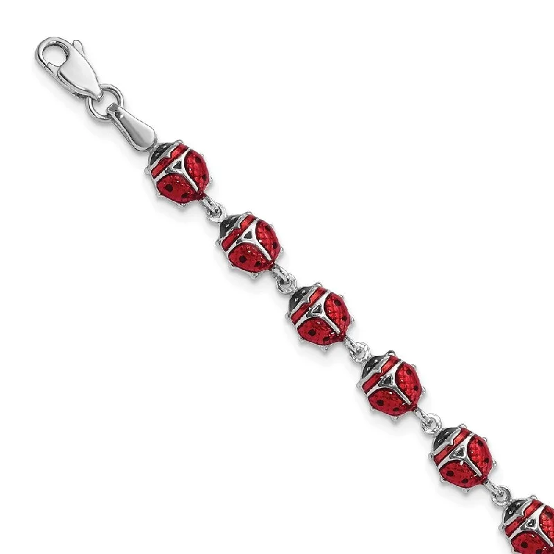 Ladies crystal bracelet-925 Sterling Silver Rhodium Enameled Lady Bug Bracelet, 7"