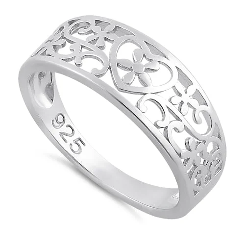 Ladies fashion statement ring-Sterling Silver Heart Filigree Ring