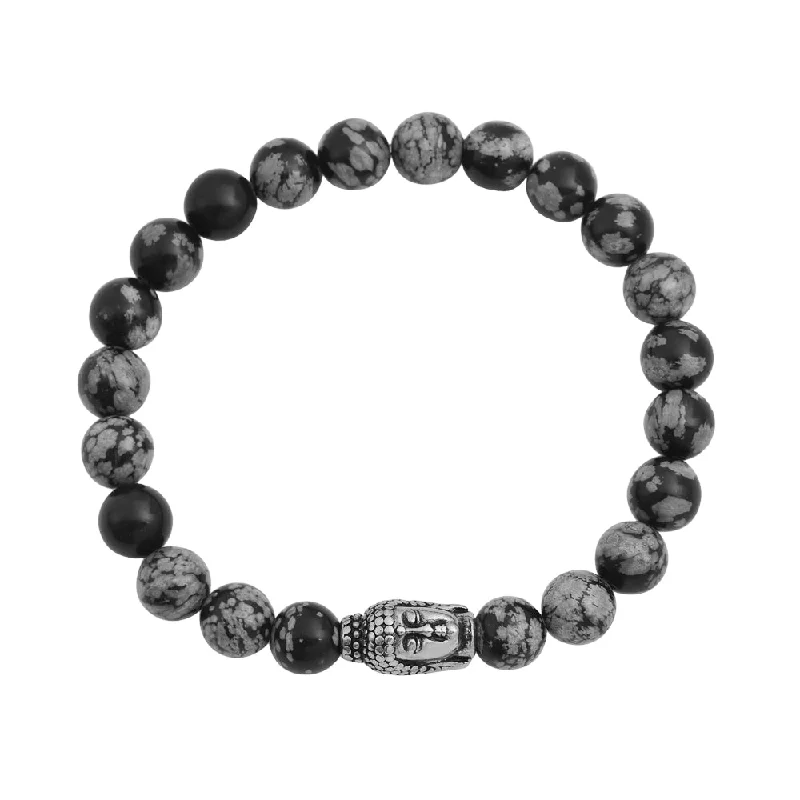 Ladies friendship bracelet-Snowflake Jasper & Carved Buddha Silver Bracelet