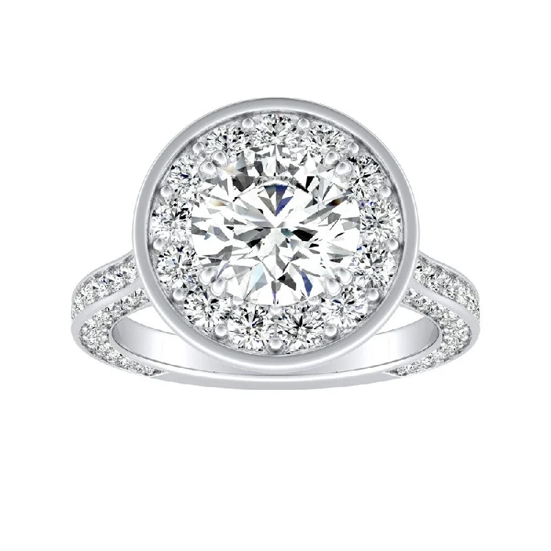 Ladies bespoke engagement ring-Auriya 14k Gold Round 3ct Moissanite and 1 1/4ctw Diamond Halo Engagement Ring