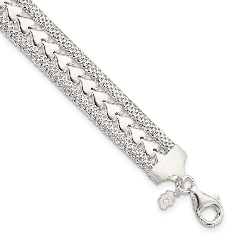 Ladies silver tennis bracelet-925 Sterling Silver Textured Heart Bracelet, 7.5" (W-10.4mm)