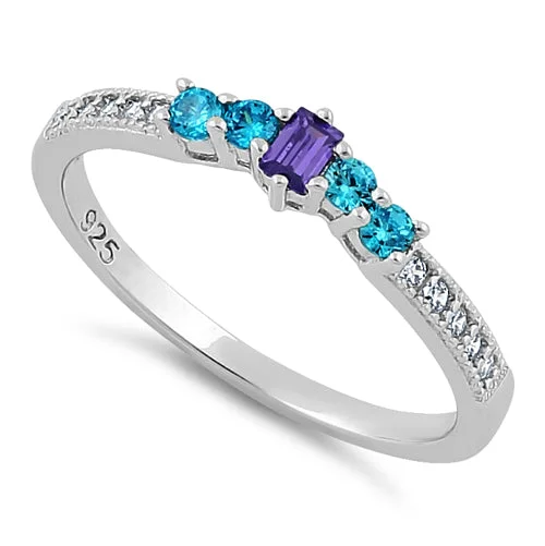 Ladies simple ring-Sterling Silver Dark Violet & Aqua CZ Ring