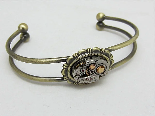 Ladies sparkling bangle-Steampunk Bracelet - Cuff - In the Works - Steampunk watch parts cuff - Bracelet - Light Topaz