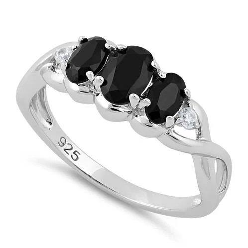 Ladies modern wedding band-Sterling Silver Triple Oval Black CZ Ring