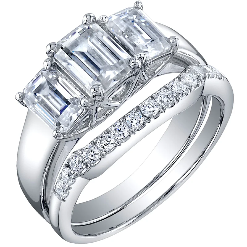 Ladies engagement ring with a twist-2.5 ct Moissanite Emerald Cut Engagement Ring Wedding Band Bridal Set in Sterling Silver