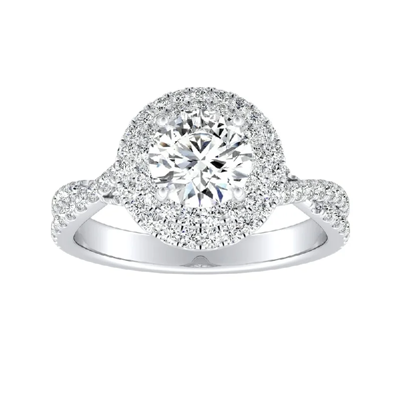 Ladies art deco engagement ring with diamonds-Auriya Round 3/4ct Moissanite and 1/2ctw Double Halo Diamond Engagement Ring 14k Gold