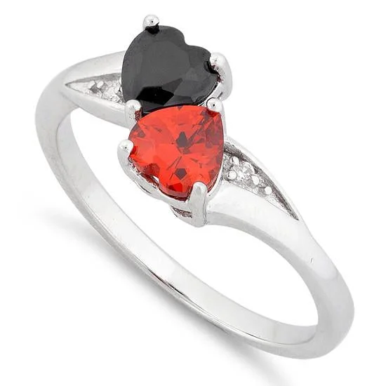 Ladies modern ring-Sterling Silver Double Heart Black & Garnet Topaz CZ Ring