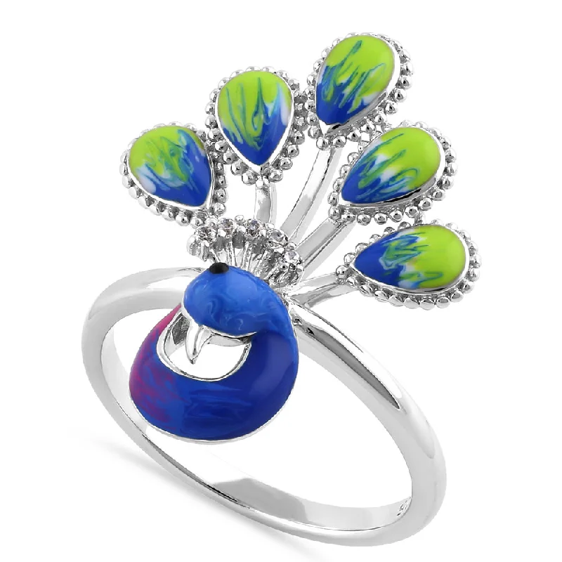 Ladies antique ring-Sterling Silver Hand-Painted Royal Peacock Round Cut Clear CZ Ring