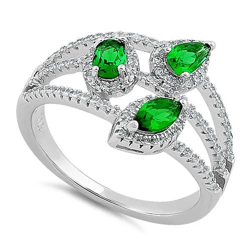 Ladies designer engagement ring-Sterling Silver Trinity Marquise & Round Cut Clear & Emerald CZ Ring