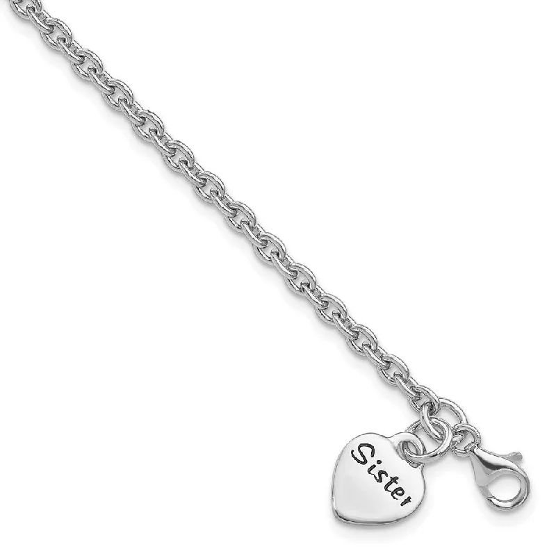 Ladies bangles with gemstones-925 Sterling Silver Rhodium-plated Antiqued Sister Heart Dangle Bracelet