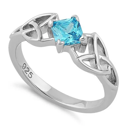 Ladies silver band ring-Sterling Silver Celtic Princess Cut Aqua Blue CZ Ring