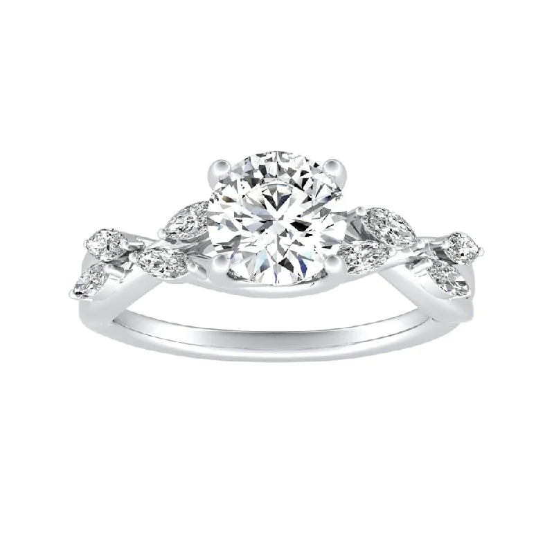 Ladies engagement ring with a diamond band-Auriya Vintage Floral 1ct Moissanite and 1/3ctw Marquise Diamond Engagement Ring 14K Gold