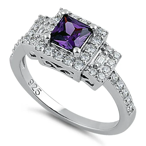 Ladies platinum ring-Sterling Silver Square Amethyst CZ Ring