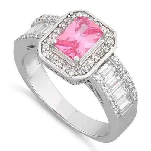 Ladies wedding anniversary ring-Sterling Silver Emerald Cut Pink Clear CZ Ring